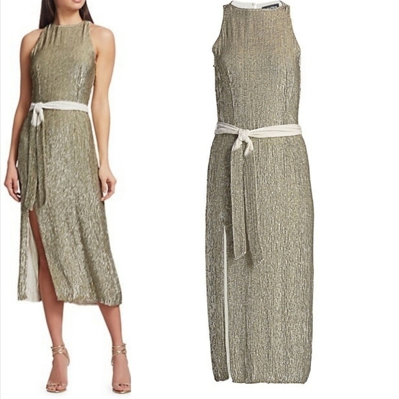 Retrofête Tilly Sequin Tie-Sash Champagne Cocktail Midi Dress NWT Size Large - Picture 1 of 17